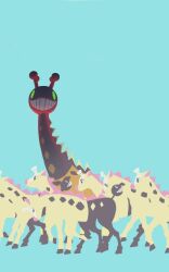 black_eyes bright_pupils commentary farigiraf from_side futena_goze gen_2_pokemon girafarig glowing glowing_eyes green_background green_eyes highres nintendo no_humans pokemon pokemon_(creature) pokemon_focus simple_background standing walking white_pupils