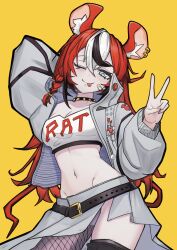 1girl ;p animal_ears belt black_belt black_streaks black_thighhighs blue_eyes breasts collar crop_top dorahd01 fishnet_pantyhose fishnets grey_jacket grey_skirt hakos_baelz hand_up highres hololive hololive_english jacket medium_breasts mouse_ears mouse_girl mouse_tail multicolored_hair navel one_eye_closed pantyhose red_hair single_leg_pantyhose skirt solo spiked_collar spikes tail thighhighs tongue tongue_out v virtual_youtuber white_hair yellow_background