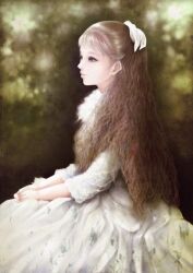 1girl blue_eyes brown_hair commentary_request derivative_work dress expressionless fine_art_parody highres long_hair parody pierre-auguste_renoir portrait solo white_dress yamada_satoshi