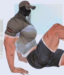 1boy austrian_flag bara baseball_cap black_mask black_shorts blue_eyes call_of_duty call_of_duty:_modern_warfare_2 clothes_pull commentary english_commentary grey_shirt gruhhhu hat highres impossible_clothes knee_up konig_(call_of_duty) large_pectorals looking_ahead male_focus mask midriff_peek motion_lines muscular muscular_male pectorals profile shirt shirt_pull shorts sitting solo tan tanline veil veins veiny_arms