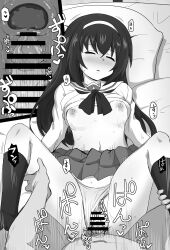 1boy 1girl asyura_kumo blush bouncing_breasts breasts censored closed_eyes clothed_female_nude_male clothed_sex clothes_lift clothing_aside cross-section girls_und_panzer hetero missionary monochrome navel nipples nude ooarai_school_uniform panties panties_aside penis pov pussy reizei_mako sex shirt_lift sleep_molestation sleeping small_breasts sweat underwear vaginal