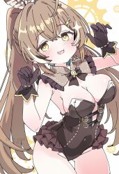 :3 ahoge asami-chan blush breasts brown_eyes brown_gloves brown_hair cleavage commentary covered_navel english_commentary feather_hair_ornament feathers gears gloves hair_intakes hair_ornament hairpin highres hololive hololive_english large_breasts leotard long_hair looking_at_viewer nanashi_mumei open_mouth paw_pose ponytail smile standing virtual_youtuber