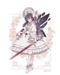 1girl black_hair bonnet bow dress flower frills full_body high_heels holding lemon89h lolita_fashion long_hair looking_at_viewer open_mouth original puffy_short_sleeves puffy_sleeves red_eyes short_sleeves smile solo standing sword weapon white_dress