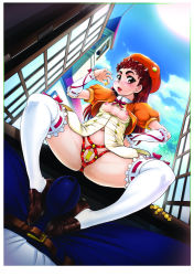 1girl blush breasts brown_hair footjob hat highres loafers minority original penis precum saliva shoejob shoes small_breasts solo spread_legs thighhighs white_thighhighs
