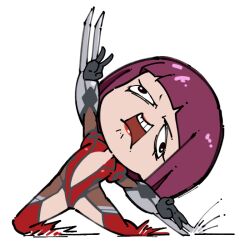 1girl :&lt; ahegao black_eyes bob_cut breasts chibi claw_(weapon) derp_face full_body hair_ribbon kneeling long_hair oboro_(taimanin_asagi) parody pun purple_hair ribbon rolling_eyes shiny_clothes smile taimanin_(series) taimanin_asagi taimanun transparent_background v weapon