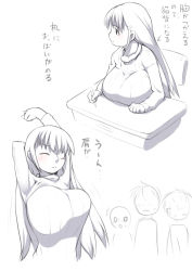 1girl 3boys arms_up bad_id bad_pixiv_id breast_rest breasts closed_eyes desk huge_breasts j7w long_hair meikko-chan_(j7w) monochrome multiple_boys oppai_loli ribbed_sweater simple_background solo_focus stretching sweater translation_request white_background