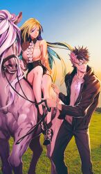 1boy 1girl animal black_boots black_hair black_jacket black_pants black_shorts blue_sky boots bracelet breasts brynhild_(fate) brynhild_(under_the_same_sky)_(fate) buttons center_frills closed_mouth colored_inner_hair commentary day fate/grand_order fate_(series) feet_out_of_frame floating_hair frills glasses grass green_hair hair_between_eyes high-waist_shorts holding holding_reins horse husband_and_wife jacket jewelry long_hair long_sleeves looking_to_the_side medium_breasts miwa_shirow multicolored_hair nature official_art open_clothes open_jacket outdoors pants photo_background reins semi-rimless_eyewear shirt short_hair shorts sidesaddle sigurd_(fate) sigurd_(under_the_same_sky)_(fate) sitting sky smile spiked_hair standing sunlight third-party_source two-tone_hair under-rim_eyewear very_long_hair white_hair white_shirt wing_collar zipper