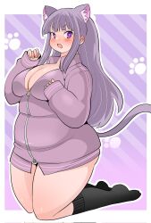 1girl animal_ear_fluff animal_ears black_socks blush bottomless breasts cat_ears cat_girl cat_tail cleavage fern_(sousou_no_frieren) jacket kneeling long_hair medium_breasts open_mouth plump purple_background purple_eyes purple_hair purple_jacket sidelocks socks solo sousou_no_frieren tail thick_thighs thighs toyishiki_shizuoka track_jacket