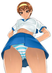 1girl arms_behind_back bang-you breasts brown_eyes brown_hair cameltoe cowboy_shot female_focus from_below hairband highres kashiwagi_azusa kizuato midriff panties school_uniform serafuku short_hair simple_background skirt solo striped_clothes striped_panties underwear upskirt white_background