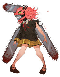 Rule 34 | 0homi, 1girl, absurdres, anya (spy x family), black dress, black horns, blood, blood on clothes, chainsaw, chainsaw man, commentary, cosplay, denji (chainsaw man), denji (chainsaw man) (cosplay), dress, eden academy school uniform, full body, highres, horns, pink hair, school uniform, sharp teeth, short dress, signature, solo, spy x family, teeth, thighhighs, torn clothes, torn sleeves, twitter username, white thighhighs