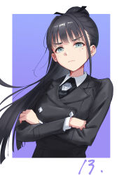 1girl absurdres amaya_tsubame black_coat black_hair black_necktie blunt_bangs blunt_ends border buttons coat commentary_request crossed_arms diamond_button enu_illustip gakuen_idolmaster highres idolmaster long_hair long_sleeves looking_at_viewer mole mole_under_eye necktie ponytail purple_background shirt simple_background solo upper_body v-shaped_eyebrows very_long_hair white_border white_shirt
