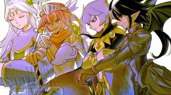 Rule 34 | 2boys, 2girls, ahoge, armor, artist name, bandaid, bandaid on cheek, bandaid on face, bat wings, black cloak, black hair, breastplate, circlet, cloak, closed eyes, crop top, crossed arms, daemon (fantasy life), dark-skinned female, dark skin, fantasy life i: the girl who steals time, furrowed brow, gem, glenn (fantasy life), gold trim, green gemstone, hair between eyes, highres, holding, holding staff, holding sword, holding weapon, long hair, low ponytail, midriff, mouyi, multiple boys, multiple girls, open mouth, orange scarf, parted bangs, pointy ears, ponytail, purple hair, purple robe, red eyes, red gemstone, red hair, robe, rouge (fantasy life), sample watermark, scarf, short hair with long locks, shoulder armor, sloane (fantasy life), smile, staff, sword, upper body, watermark, weapon, white background, white hair, wings