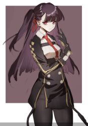 1girl black_pantyhose girls&#039;_frontline gloves hair_ribbon highres meng_ziya necktie pantyhose pink_hair purple_hair red_necktie ribbon shirt solo wa2000_(girls&#039;_frontline) white_shirt
