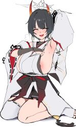 1girl absurdres adjusting_clothes areola_slip armpits black_hair blue_archive blush breasts bridal_gauntlets broken_horn closed_eyes detached_sleeves earrings gradient_horns halo highres hoop_earrings horns huge_breasts japanese_clothes jewelry kimono large_breasts mole mole_under_eye multicolored_horns nipples niya_(blue_archive) open_mouth orange_horns short_hair sideboob sideless_kimono single_bridal_gauntlet sleeveless sleeveless_kimono uun_(uundayo) white_halo white_kimono wide_sleeves