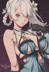 1girl bandages breasts brown_eyes cleavage flower gloves hair_ornament highres kaine_(nier) lingerie looking_at_viewer lunar_tear medium_breasts nier nier_(series) simple_background single_glove solo underwear upper_body white_hair