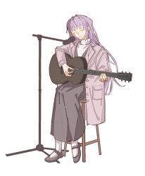 1girl :d acoustic_guitar black_dress black_shoes closed_eyes coat commentary_request dress full_body grey_coat guitar hairband highres instrument link!_like!_love_live! long_dress long_sleeves love_live! mary_janes microphone microphone_stand music official_alternate_costume on_stool open_clothes open_coat open_mouth otomune_kozue otomune_kozue_(winter_casual) pinafore_dress playing_guitar playing_instrument pocket purple_hair shoes sidelocks simple_background sitting sleeveless sleeveless_dress smile socks solo sweater turtleneck turtleneck_sweater u_u v-neck virtual_youtuber white_background white_hairband white_socks white_sweater zouzh_rn