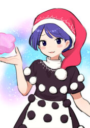 Rule 34 | 1girl, :3, :d, absurdres, black shirt, blob, blush stickers, commentary request, cowboy shot, doremy sweet, dream soul, gradient background, hand up, hat, highres, looking at viewer, meis (terameisu), nightcap, open mouth, parted bangs, pom pom (clothes), purple eyes, purple hair, raised inner eyebrows, shirt, simple background, skirt, smile, solo, swept bangs, touhou, white skirt