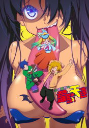 ahoge bird blonde_hair blue_eyes blue_hair breasts chest_tattoo cool-kyou_shinja dark-skinned_female dark_skin duck giant giantess glasses gradient_hair green_hair hanging_breasts hayato_(idaten) heion_sedai_no_idaten-tachi huge_breasts jacket large_breasts long_tongue miku_(idaten) multicolored_hair nails nipples_visible_through_shirt official_art one_eye_closed one_eye_covered open_mouth pants paula_(idaten) pink_eyes purple_hair sharp_teeth shoes skirt smile tattoo teeth tongue tongue_out twintails upper_teeth_only yawning ysley