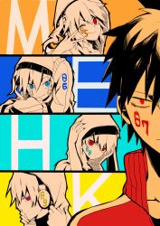 2girls 3boys amamiya_hibiya bad_id bad_pixiv_id black_hair blue_eyes ene_(kagerou_project) headphones hood hoodie kagerou_project kisaragi_momo kisaragi_shintarou konoha_(kagerou_project) long_hair mitsu_yomogi multiple_boys multiple_girls one_eye_closed red_eyes short_hair side_ponytail smile vocaloid yamaha