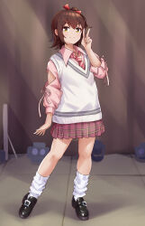 1girl absurdres black_shoes brown_eyes brown_hair closed_mouth collared_shirt diagonal-striped_clothes diagonal-striped_necktie full_body hair_ornament hairclip hand_up highres idolmaster idolmaster_million_live! indoors kasuga_mirai koaya long_sleeves looking_at_viewer loose_socks necktie one_side_up pink_shirt pleated_skirt red_necktie shirt shoes short_hair skirt smile socks solo standing striped_clothes sweater_vest v white_socks white_sweater_vest