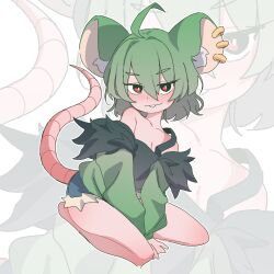 1girl absurdres ahoge animal_ears barefoot between_legs blue_shorts breasts cleavage denim denim_shorts earrings fang full_body green_hair hand_between_legs highres jewelry looking_at_viewer medium_hair mouse_ears mouse_girl mouse_tail orenjipiiru original red_eyes short_shorts shorts sketch strap_slip tail zoom_layer