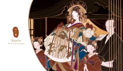 1boy 3girls artist_name black_hair black_kimono blue_kimono blunt_bangs blunt_ends closed_mouth flower highres japanese_clothes kimono layered_kimono long_sleeves multiple_girls oiran original pale_skin red_flower red_kimono short_hair standing surie tassel upper_body white_flower wide_sleeves