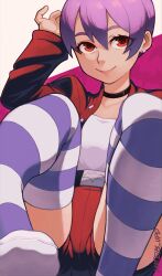 absurdres belt capcom collar darkstalkers earrings high-waist_shorts highres jacket jewelry lilith_(darkstalkers) looking_at_viewer mateus_upd pink_hair red_eyes shirt short_hair shorts single_earring striped_clothes striped_thighhighs thighhighs white_shirt zooming_in