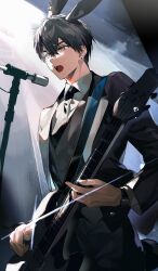 1boy absurdres ameinu animal_ears bass_guitar black_hair black_necktie black_pants black_vest brown_eyes earrings formal_clothes guitar hair_between_eyes highres holding holding_instrument instrument jewelry long_sleeves male_focus microphone music necktie open_mouth original pants playing_instrument rabbit_ears shirt short_hair singing solo suit sweat sweatdrop vest white_shirt