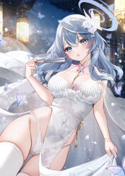 1girl :o absurdres ako_(blue_archive) alternate_costume blue_archive blue_eyes blue_hair blue_halo blush bracelet breasts bug butterfly covered_navel dress floral_print folding_fan gluteal_fold hair_ornament halo hand_fan highres holding holding_fan insect jewelry large_breasts looking_at_viewer medium_hair open_mouth panties solo thighhighs thighs underwear white_dress white_panties white_thighhighs yukineko1018