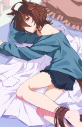 1girl 82hanico agnes_tachyon_(umamusume) ahoge animal_ears bare_legs bare_shoulders barefoot blue_shirt blue_shorts brown_hair brown_tail closed_mouth coat coffee_mug commentary cropped_legs cup earrings frilled_pillow frilled_shorts frills full_body hair_between_eyes head_rest highres horse_ears horse_girl horse_tail jewelry lab_coat long_sleeves looking_at_viewer lying medium_hair messy_hair mug off-shoulder_shirt off_shoulder on_side pillow pocket red_eyes resting shirt shorts single_earring smile solo tail umamusume unworn_coat