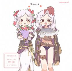 2girls animal bare_shoulders belt bikini blush bouquet breasts brown_eyes brown_gloves dress female_robin_(fire_emblem) female_robin_(seaside_tactician)_(fire_emblem) female_robin_(valentine)_(fire_emblem) fire_emblem fire_emblem_awakening fire_emblem_heroes fish flower gloves grey_hair hair_flower hair_ornament head_wreath highres holding holding_animal holding_bouquet holding_fish holding_flower holding_wreath long_dress long_hair looking_at_viewer mermaid_dress multiple_girls navel nintendo octopus official_alternate_costume open_mouth purple_bikini sleeveless smile sorane_amus swimsuit twintails white_hair