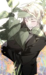 1boy atou_haruki black_jacket blonde_hair closed_eyes commentary_request flower_pot grey_sweater highres holding holding_flower_pot jacket korean_commentary lapels light_particles male_focus notched_lapels open_mouth plant popen potted_plant ribbed_sweater saibou_shinkyoku second-party_source short_hair smile solo sweater upper_body