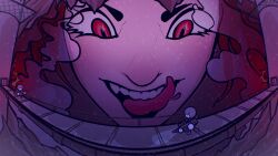 1girl ana_valens brown_hair demon_girl demon_horns fangs giant giantess highres horns nova_size red_eyes size_difference teeth tongue tongue_out