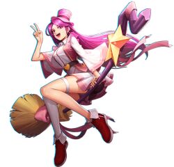 1girl asamiya_athena ass bike_shorts breasts broom dress female_focus hand_up hat heart large_breasts long_hair looking_at_viewer magic magical_girl open_mouth pale_skin pants purple_eyes purple_hair shoes sitting skirt smile smiley_face socks staff star_(symbol) the_king_of_fighters thighs wide_hips witch witch_hat