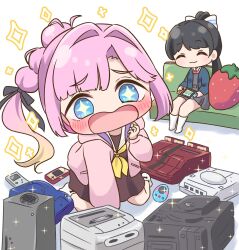+_+ 2girls :3 :d ^_^ all_fours anyoji_hime awestruck black_ribbon blue_eyes blue_jacket blunt_sidelocks blush bow brown_dress closed_eyes collared_shirt commentary_request couch curtained_hair dress dress_shirt game_&amp;_watch game_boy game_boy_(original) game_console gradient_hair grey_dress hair_bow hair_intakes hair_ribbon handheld_game_console happy hasu_no_sora_school_uniform hazuki_ren high_ponytail highres holding holding_handheld_game_console hood hooded_jacket in-franchise_crossover jacket kneehighs link!_like!_love_live! long_hair long_sleeves love_live! love_live!_superstar!! medium_dress multi-tied_hair multicolored_hair multiple_girls neck_ribbon neckerchief nintendo nintendo_switch no_shoes on_couch open_clothes open_jacket open_mouth pinafore_dress pink_hair pink_jacket pleated_dress ponytail raised_inner_eyebrows red_ribbon ribbon ritaso sailor_collar sailor_dress school_uniform shirt short_dress sidelocks sitting sleeveless sleeveless_dress smile socks sparkle stuffed_food stuffed_strawberry stuffed_toy super_famicom tamagotchi tamagotchi_(classic) tamagotchi_(virtual_pet) trait_connection two-tone_hair very_long_hair virtual_youtuber white_bow white_sailor_collar white_shirt white_socks winter_uniform xbox_series_x yellow_neckerchief yuigaoka_school_uniform