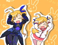 00s 2girls aged_up animated animated_gif blonde_hair blush caramelldansen closed_eyes dancing dual_persona happy layered_sleeves long_hair long_sleeves lyrical_nanoha mahou_shoujo_lyrical_nanoha mahou_shoujo_lyrical_nanoha_strikers multiple_girls outline short_over_long_sleeves short_sleeves side_ponytail smile time_paradox vivio yellow_background
