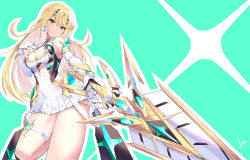 1girl absurdres aegis_sword_(xenoblade) bare_legs bare_shoulders blonde_hair breasts chest_jewel cleavage cleavage_cutout clothing_cutout daive dress earrings elbow_gloves gloves highres jewelry large_breasts long_hair mythra_(xenoblade) short_dress solo swept_bangs thigh_strap tiara very_long_hair white_dress white_gloves xenoblade_chronicles_(series) xenoblade_chronicles_2 yellow_eyes