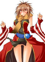 1girl animal animal_around_neck belt black_dress blue_belt blush breasts brown_eyes brown_hair censored closed_mouth clothes_lift commentary_request cowboy_shot detached_sleeves dress expressionless fox gold_trim hands_up kaminagi_(kaminagi-tei) large_breasts looking_at_viewer medium_hair mosaic_censoring no_panties pelvic_curtain pelvic_curtain_lift professor_(ragnarok_online) pussy ragnarok_online red_dress red_sleeves simple_background sleeveless sleeveless_dress solo striped_sleeves two-tone_dress white_background white_sleeves