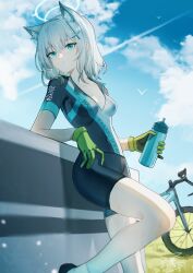 1girl absurdres animal_ear_fluff animal_ears aqua_eyes bicycle bike_jersey bike_shorts black_shoes blue_archive blue_halo breasts cloud collarbone commentary_request cross_hair_ornament extra_ears gloves green_gloves hair_ornament halo highres holding_thermos medium_breasts medium_hair official_alternate_costume shiroko_(blue_archive) shiroko_(cycling)_(blue_archive) shoes sky socks solo sweat thermos white_hair white_socks wolf_ears yisjhui