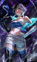 1girl absurdres black_hair black_jacket blue_eyes breasts choker crescent crescent_hair_ornament crop_top fingerless_gloves gloves hair_ornament heart heterochromia highres jacket looking_at_viewer luna_snow marvel marvel_rivals meltyrice midriff multicolored_hair navel red_eyes short_hair shorts smile solo split-color_hair two-tone_hair white_hair