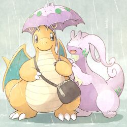 ^_^ animal_focus bag claws closed_eyes closed_mouth colored_skin dragon dragon_wings dragonite gen_1_pokemon gen_6_pokemon goodra goomy holding holding_umbrella knhb_tail nintendo no_humans open_mouth pokemon pokemon_(creature) purple_skin rain shoulder_bag slime_(substance) smile standing tail umbrella wings