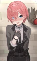 1girl 1other against_wall alternate_costume arm_behind_back blue_eyes blush brick_wall coat embarrassed fancy_suit fingerless_gloves flirting formal_clothes gloves highres hololive nails open_mouth pink_hair pov short_hair smile suit suspenders takane_lui takion virtual_youtuber