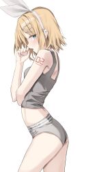 Rule 34 | 1girl, absurdres, aqua eyes, arm tattoo, ass, bare shoulders, blonde hair, blush, bow, brand name imitation, calvin klein, clothes writing, from side, grey panties, grey tank top, hair ornament, hairclip, highres, kagamine rin, looking at viewer, looking to the side, number tattoo, open mouth, panties, scarlet (wv0102), short hair, solo, sports panties, standing, stomach, tank top, tattoo, tongue, tongue out, underwear, underwear writing, vocaloid, white bow