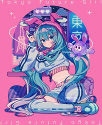 1girl amagi_hana animal_hood blue_eyes blue_hair blue_shoes blue_shorts blue_thighhighs blush closed_mouth commentary cosmetics cropped_shirt full_body hair_ornament hairclip hatsune_miku highres holding holding_lipstick_tube hood lipstick_tube long_hair long_sleeves looking_at_viewer midriff nail_polish navel parallel_hairclips pink_background rabbit_hood red_hood red_nails shirt shoes shorts sitting solo thighhighs very_long_hair vocaloid white_shirt
