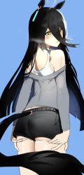 Rule 34 | 1girl, absurdres, ahoge, animal ears, black hair, black shorts, blush, commentary, english commentary, grey shirt, hair between eyes, highres, horse ears, horse girl, horse tail, inaku, long hair, long hair between eyes, looking at viewer, manhattan cafe (umamusume), off shoulder, open mouth, shirt, short shorts, shorts, solo, sports bra, sweat, tail, umamusume, white sports bra, yellow eyes