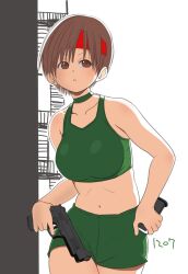 1girl artist_request beretta_92 breasts brown_eyes brown_hair choker closed_mouth collarbone green_choker gun handgun headband holding holding_gun holding_weapon midriff navel rebecca_chambers red_headband resident_evil resident_evil_0 short_hair shorts solo weapon