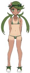 1girl alternate_costume bikini collarbone commentary_request flower full_body green_bikini green_eyes green_hair green_shoes hair_flower hair_ornament haloh highres long_hair mallow_(pokemon) micro_bikini nintendo one-piece_tan pink_flower pokemon pokemon_sm shoes simple_background solo standing swept_bangs swimsuit tan tanline twintails white_background