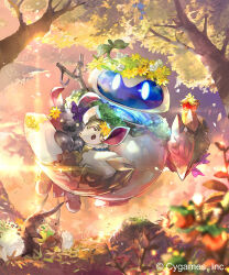 4others bare_shoulders black_shirt blue_sky bow branch commentary_request company_name floating flower foliage food from_below fruit grass highres holding holding_food holding_fruit leaf light_particles light_rays looking_at_viewer mountain multiple_others nejita official_art outdoors pants purple_bow rabbit robot roly-poly_(shadowverse) shadowverse shirt skirt sky sleeveless sleeveless_shirt sunset tail thighhighs tree yellow_flower