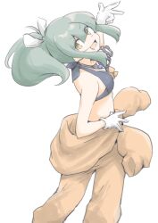 1girl akara_kai bikini bikini_under_clothes black_bikini breasts brown_eyes feet_out_of_frame from_behind gloves grey_hair highres jumpsuit jumpsuit_around_waist kantai_collection long_hair looking_back orange_jumpsuit school_uniform serafuku simple_background small_breasts smile solo swimsuit white_background white_gloves yuubari_(anime)_(kancolle) yuubari_(kancolle) yuubari_kai_ni_(kancolle) yuubari_kai_ni_(swimsuit)_(kancolle)