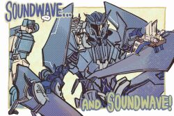 3boys assault_visor bird crossover decepticon dual_persona english_text frenzy_(transformers) highres laserbeak mecha multiple_boys no_humans oohmetal ravage_(transformers) robot science_fiction shoulder_cannon smile soundwave_(transformers) speech_bubble transformers transformers:_generation_1 transformers_prime weapon